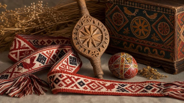 Lithuanian ornaments and patterns on a sash, distaff, and wooden object