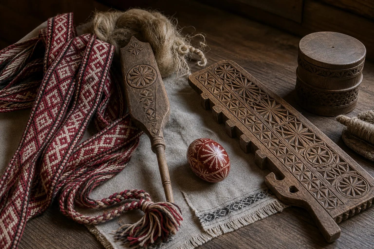 Lithuanian ornament objects on a table: sash, distaff, decorated egg, and carving.