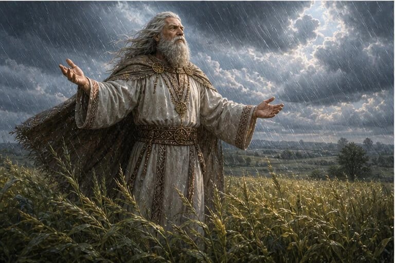Lietuvonis in Lithuanian mythology brings gentle rain to a grain field