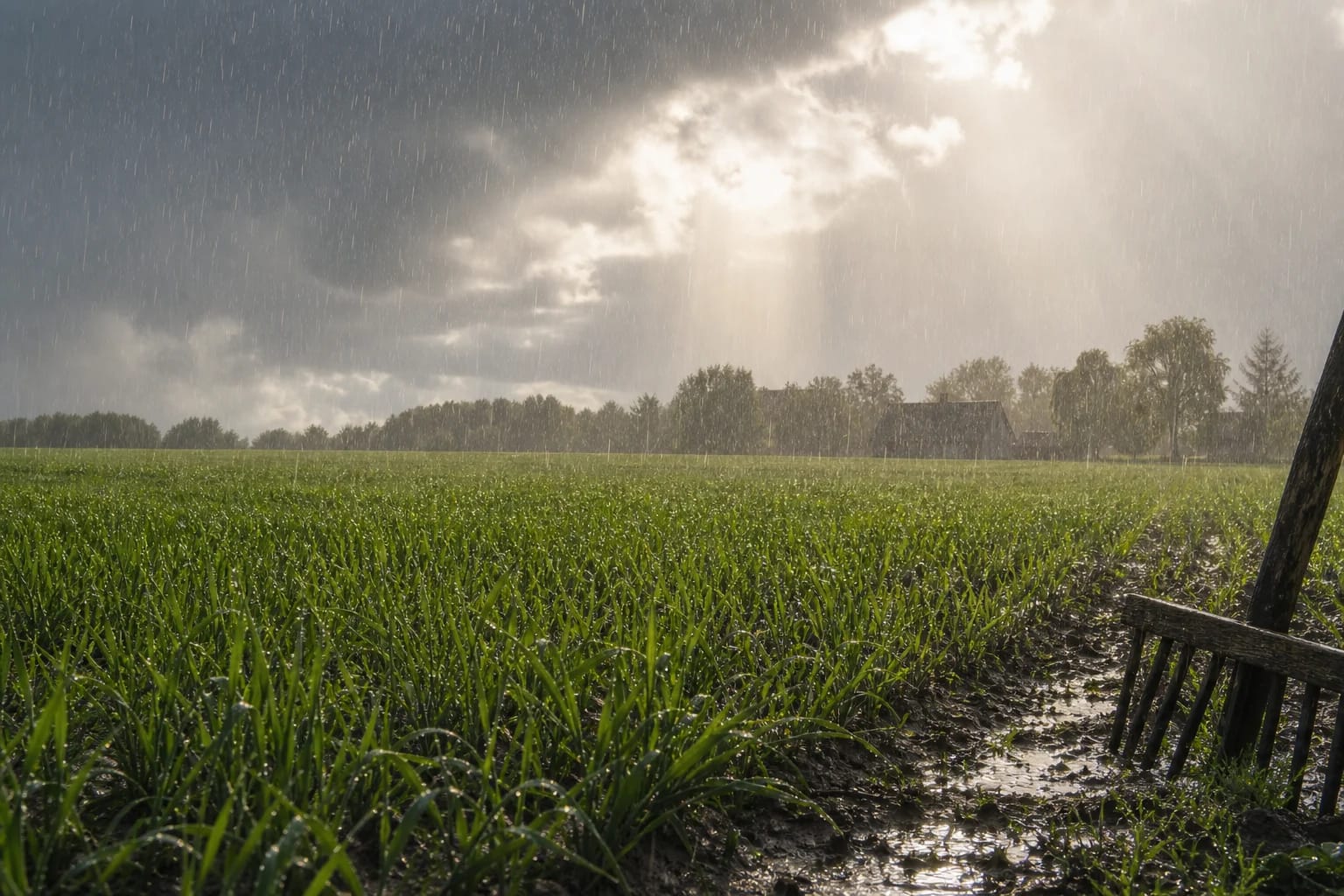 Rain over young grain and a field path for Lietuvonis