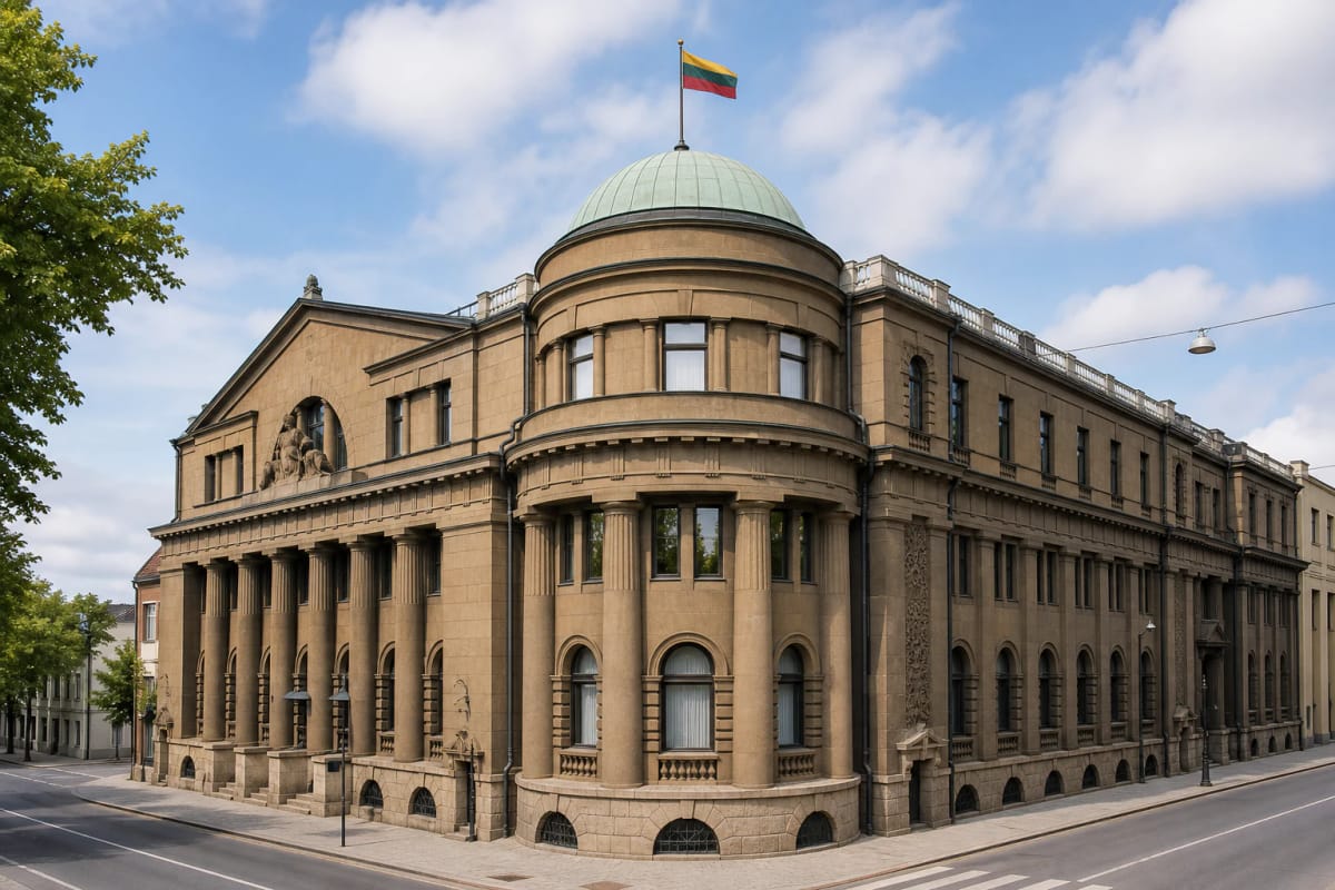 Corner facade of the Bank of Lithuania Palace in Kaunas with dome and columns