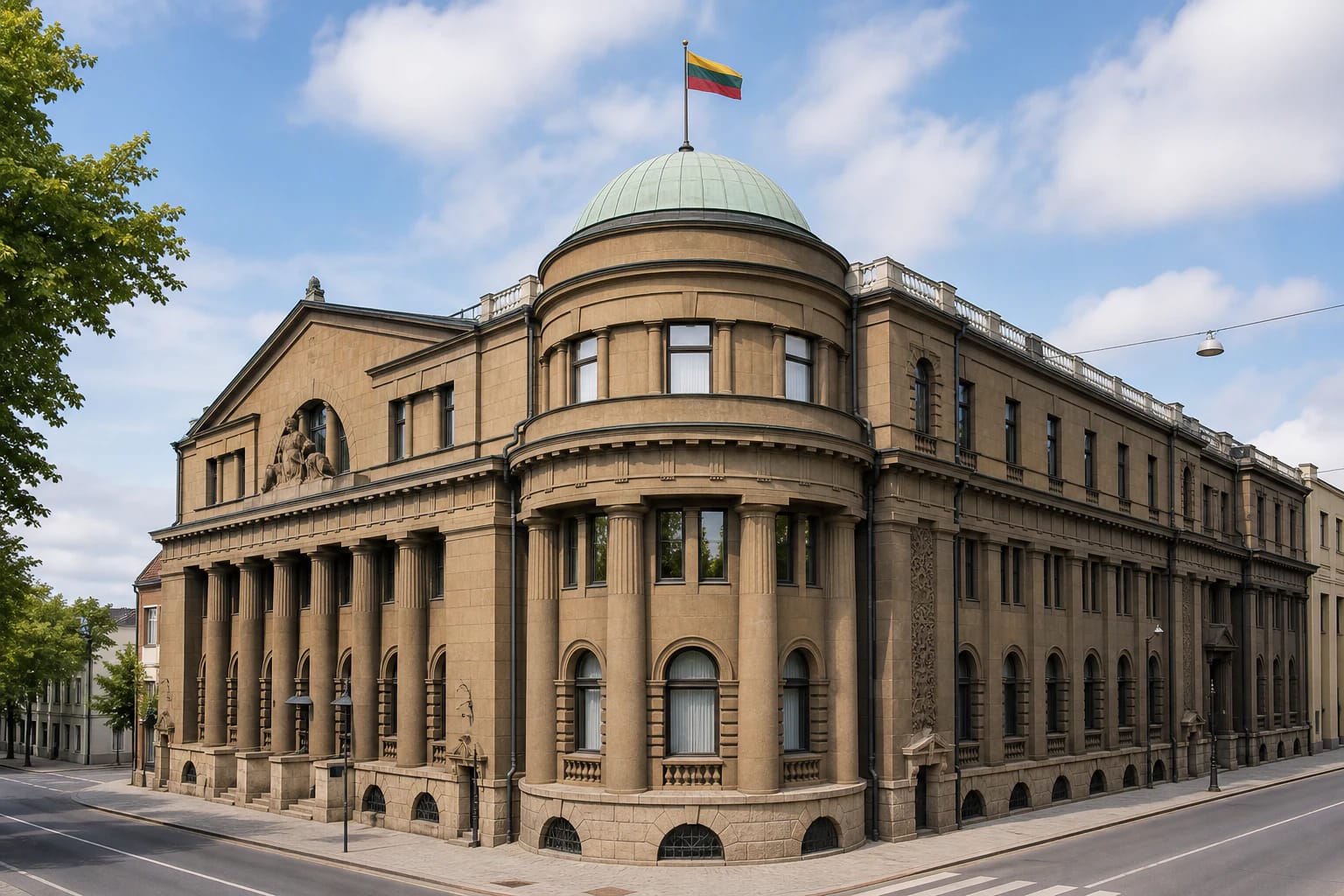 Corner facade of the Bank of Lithuania Palace in Kaunas with dome and columns