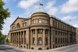 Corner facade of the Bank of Lithuania Palace in Kaunas with dome and columns