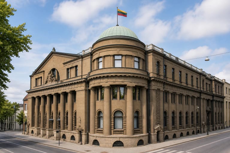 Lietuvos banko rūmų Kaune kampinis fasadas su kupolu ir kolonomis