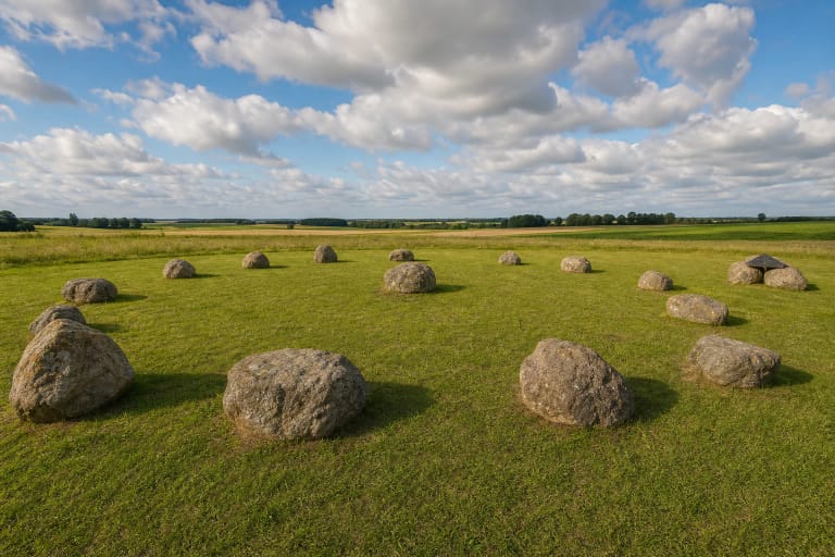 Lietuvos geografinio centro rieduliai ir apskritas akmenų žiedas žaliuose Ruoščių laukuose