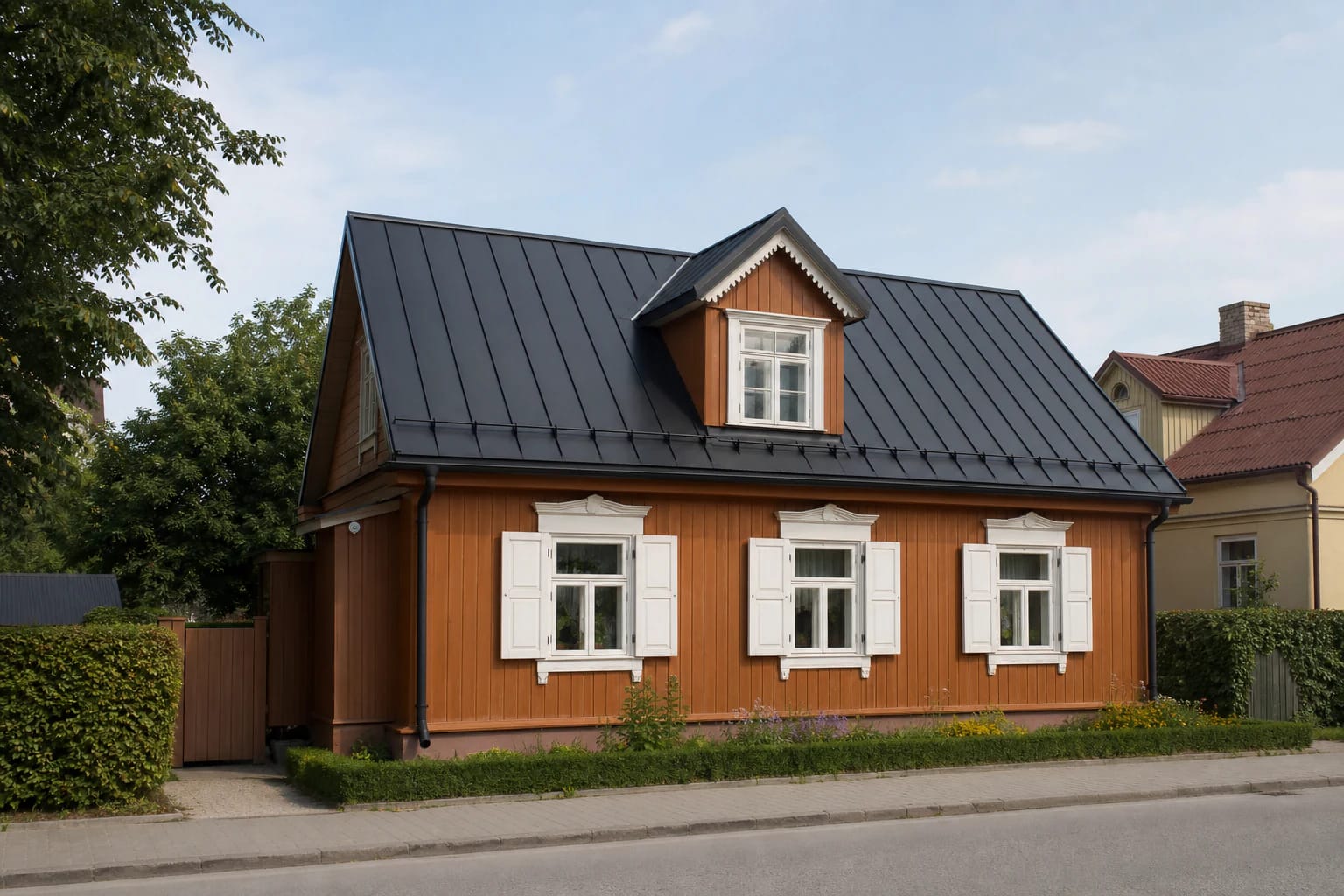 Brown 19th-century wooden K. Grinius memorial museum house with white window trim in Marijampolė