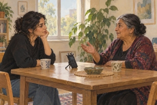 An imagined conversation between women of two generations at a table with an audio recorder.