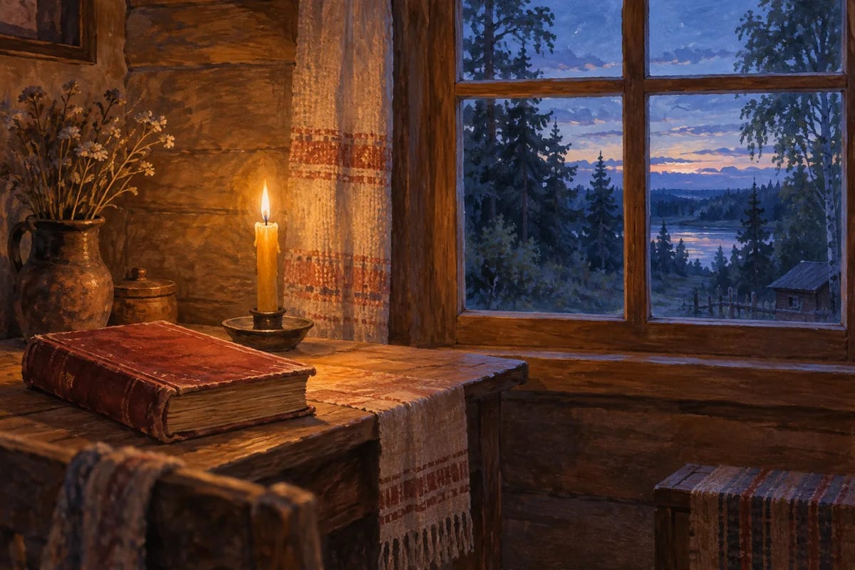 Conceptual illustration of a closed book and a burning candle beside a window overlooking a forest at dusk.