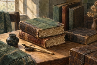 Conceptual illustration of closed old books, a pen and an ink vessel on a wooden table.