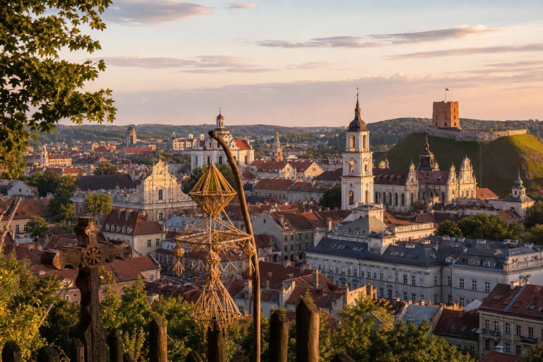 Vilniaus senamiesčio panorama su bažnyčių bokštais, Gedimino pilies kalnu, šiaudiniu sodu ir mediniu kryžiumi pirmame plane
