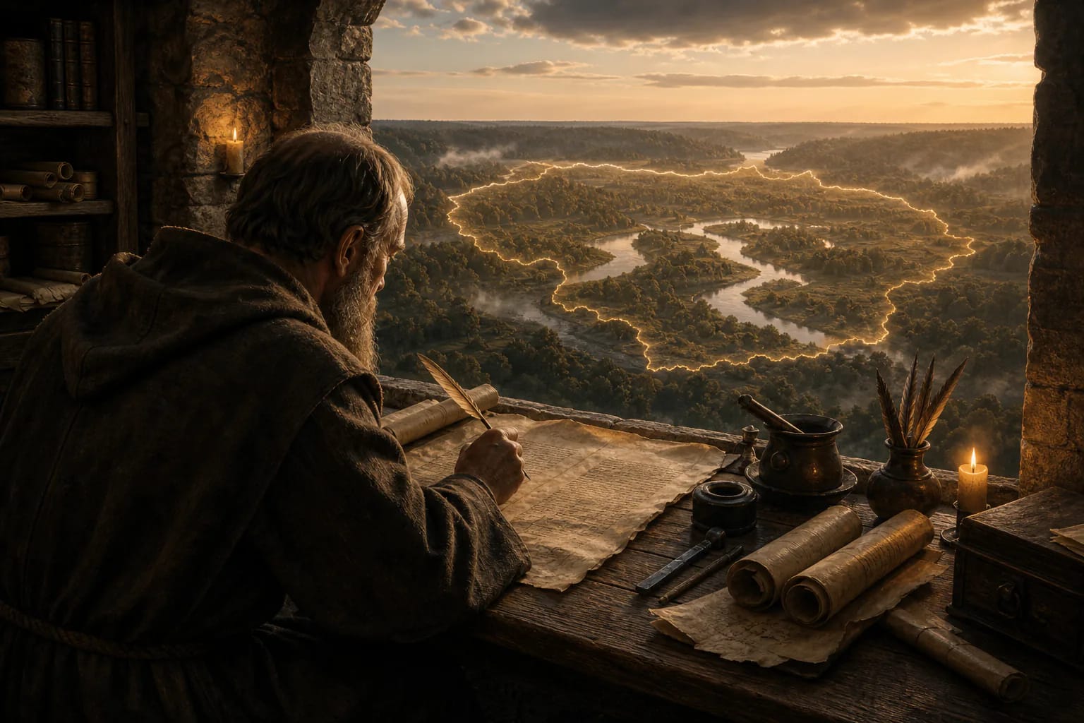 A medieval scribe writes a chronicle while Lithuania's rivers and forests are visible beyond the window