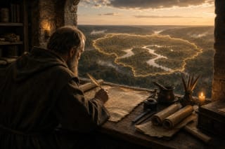 A medieval scribe writes a chronicle while Lithuania's rivers and forests are visible beyond the window