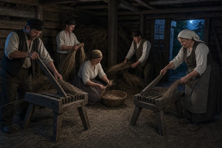 A night-time linamynis in a Lithuanian drying house, with workers breaking dried flax on wooden brakes