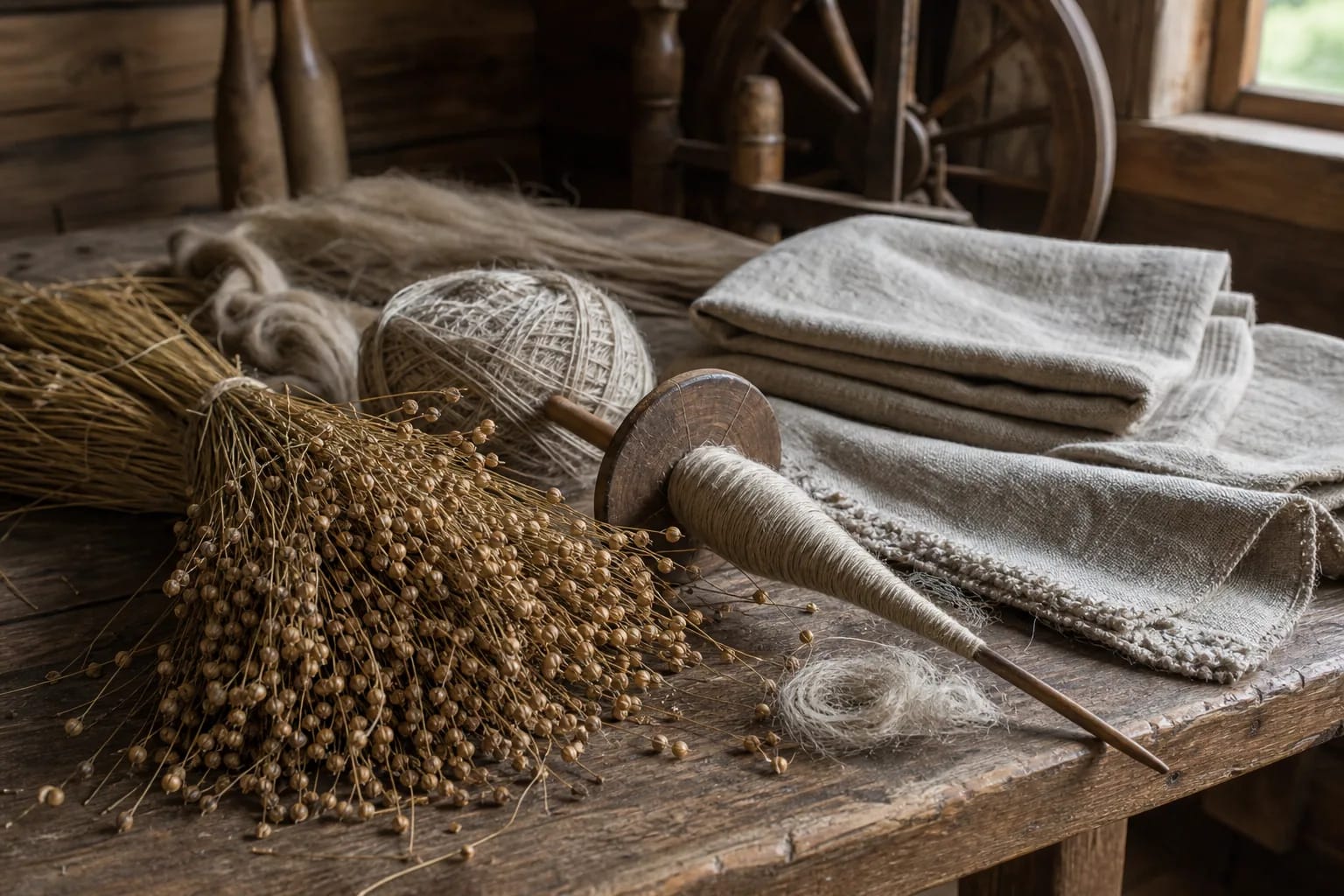 Flax bundles, spindle, thread, and linen cloth on a wooden work table.