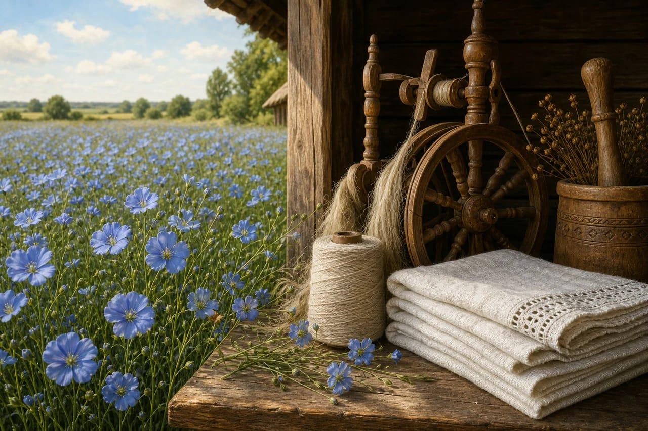 Flax flowers, a spinning wheel, and white linen as Lithuanian symbols of work and fate