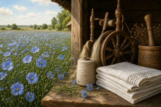 Flax flowers, a spinning wheel, and white linen as Lithuanian symbols of work and fate