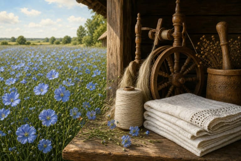 Flax flowers, a spinning wheel, and white linen as Lithuanian symbols of work and fate