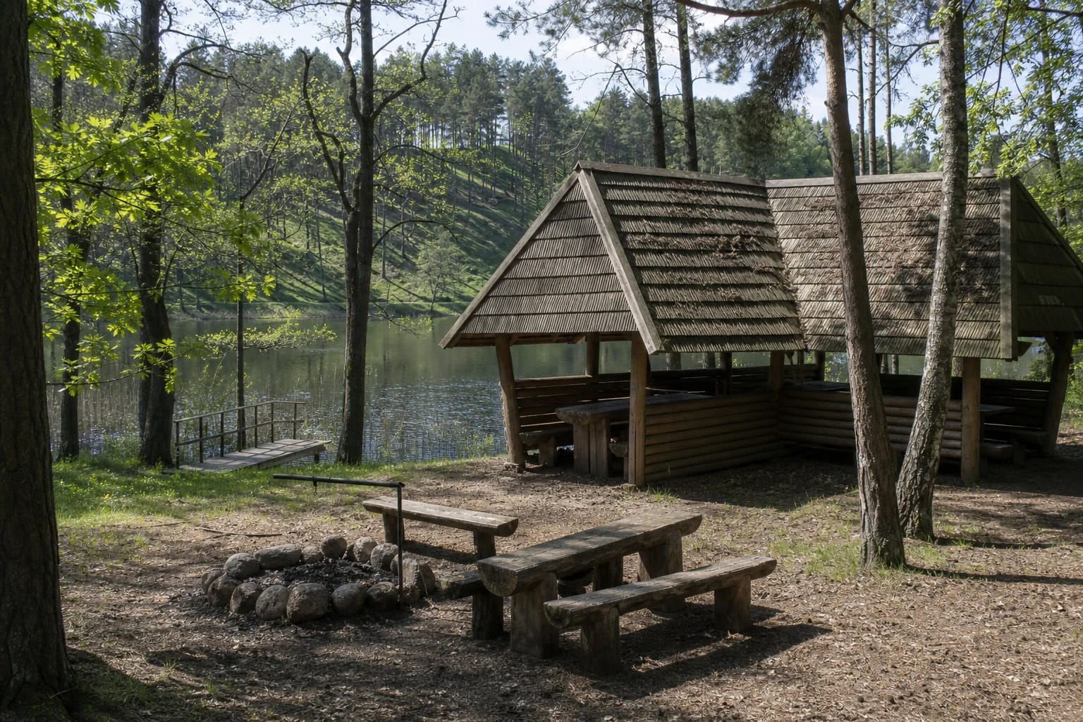 Linkmeno Campsite's two connected timber shelters, fire pit, and short pier facing a steep green lakeside slope