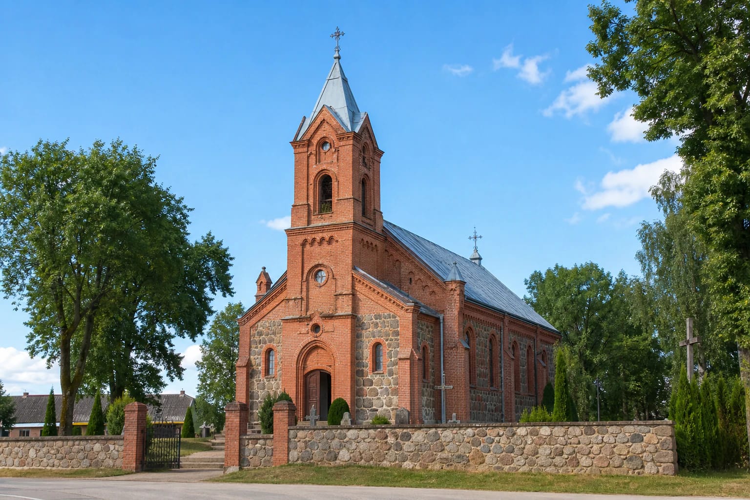 Linkmenų Švč. Trejybės bažnyčia - raudonų plytų vienabokštė šventovė su akmens mūro sienomis ir šventoriumi