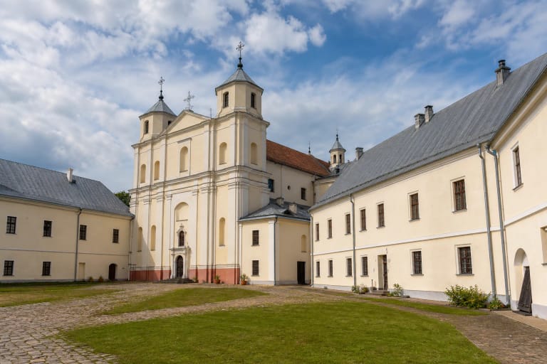 Courtyard of Linkuva Carmelite monastery with the Church of Our Lady of Mount Carmel and masonry wings