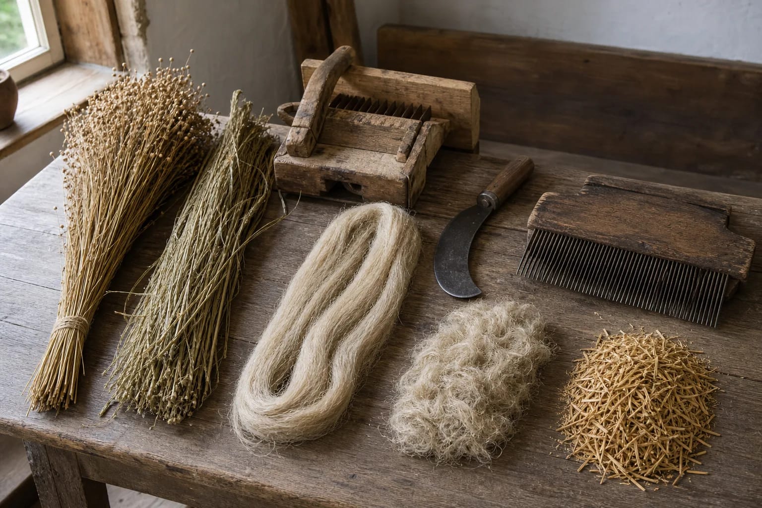 The sequence from flax stalk to combed fiber shows the whole working chain.