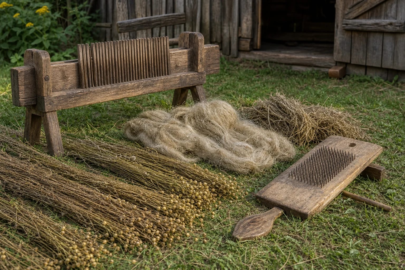 Traditional Lithuanian flax processing with pulled flax stalks, flax brake, scutching blade, hackles, long fiber, tow, and shives