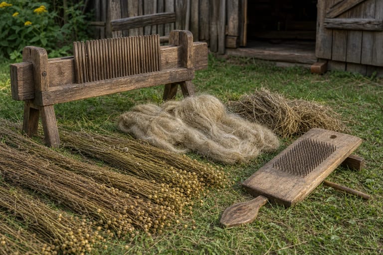 Traditional Lithuanian flax processing with pulled flax stalks, flax brake, scutching blade, hackles, long fiber, tow, and shives
