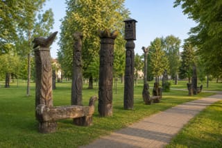 Wooden sculptures in the green Lionginas Šepka Park in Rokiškis