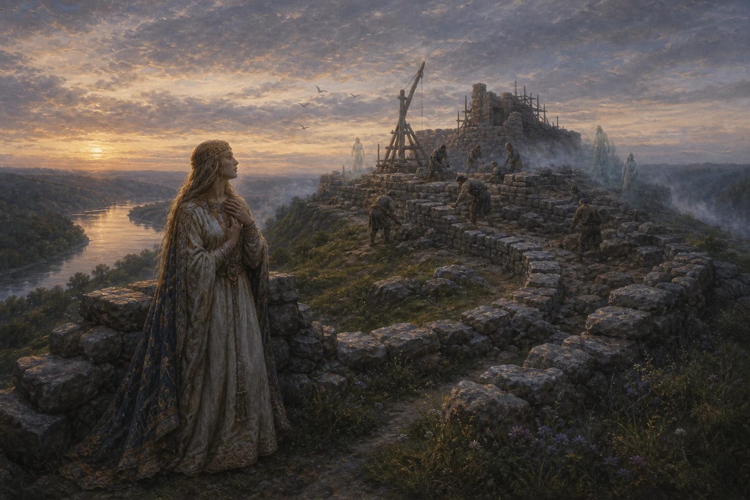 Liškiava Hillfort Legend visual interpretation with enchanted princess, witch, unfinished castle motifs