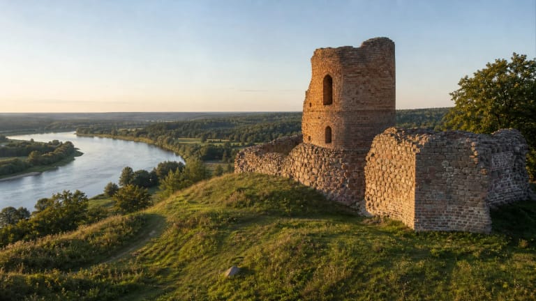 Liškiavos piliakalnis su mūrinės pilies liekanomis virš Nemuno slėnio Dzūkijoje