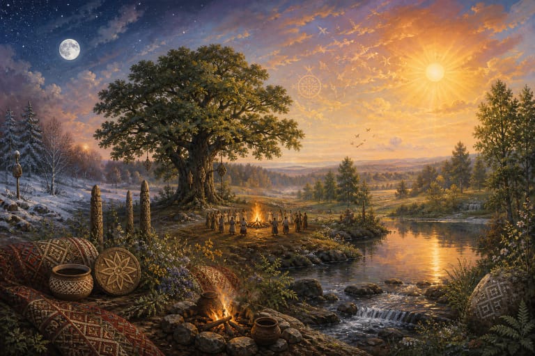 Lithuanian mythology through Baltic landscape, sacred oak, fire, water, and celestial signs