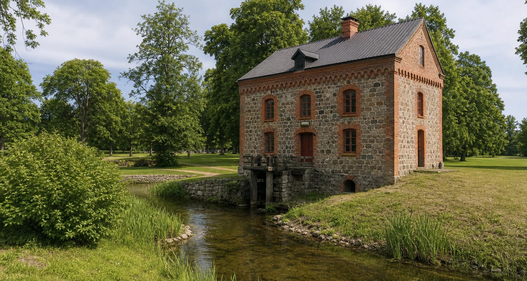 Stone Liubavas watermill with red-brick window surrounds by the Žalesa River