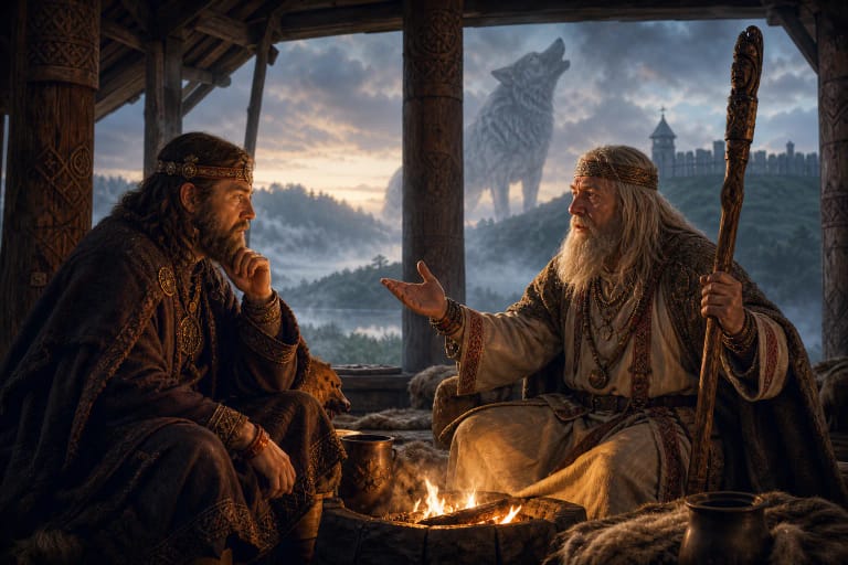 Lizdeika interprets Gediminas' dream of the Iron Wolf