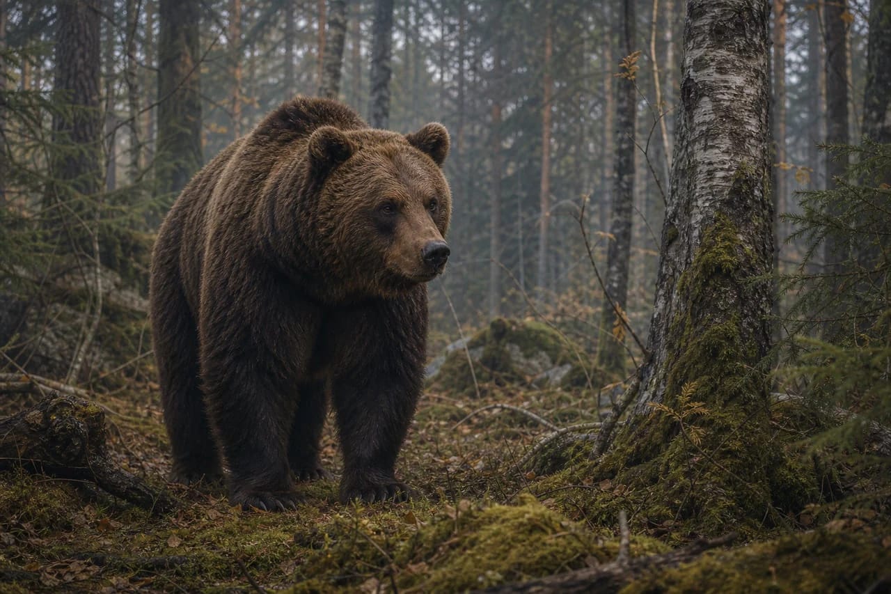 A bear in a Lithuanian forest as a symbol of forest strength and winter in Lithuanian folklore