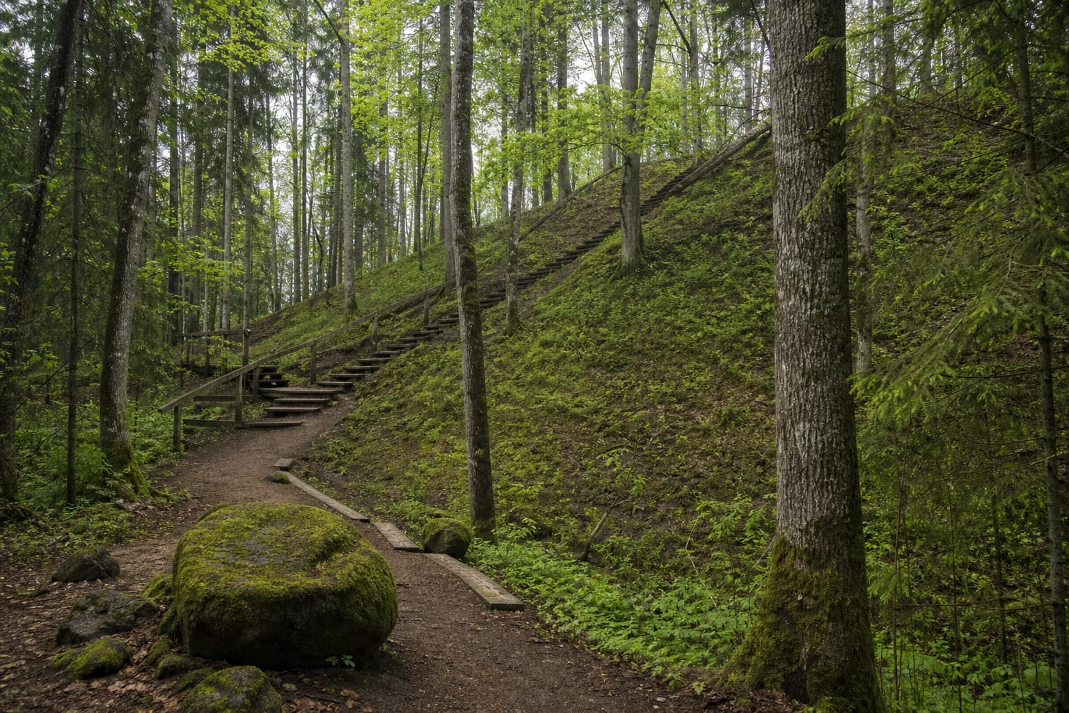 Slopes of Lopaičiai Hillfort and the nature-trail boardwalk in the forest