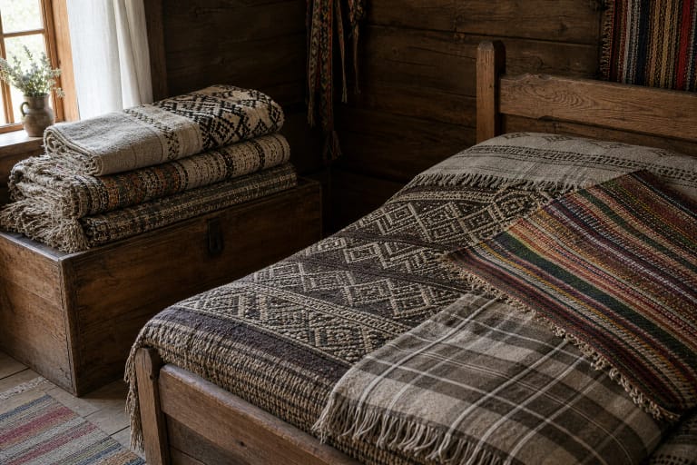 Lithuanian woven bedcovers arranged on a wooden bed and chest
