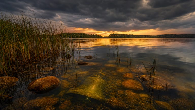 The water of Lake Lūkstas approaches Varniai, with a bell and amber reflections glowing in the depths