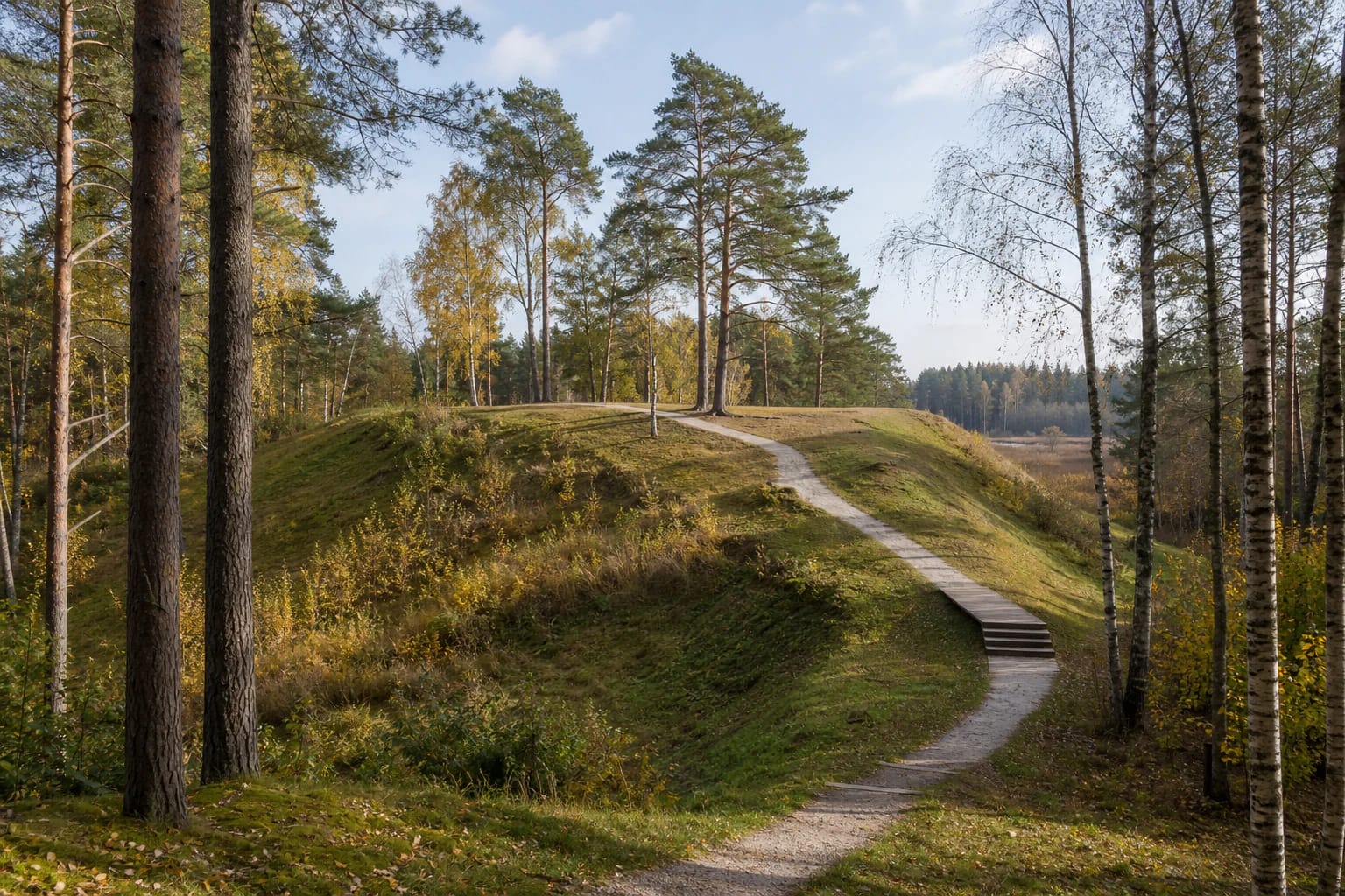 Grassy Luokavos Hillfort slope with a winding path among pine and birch trees