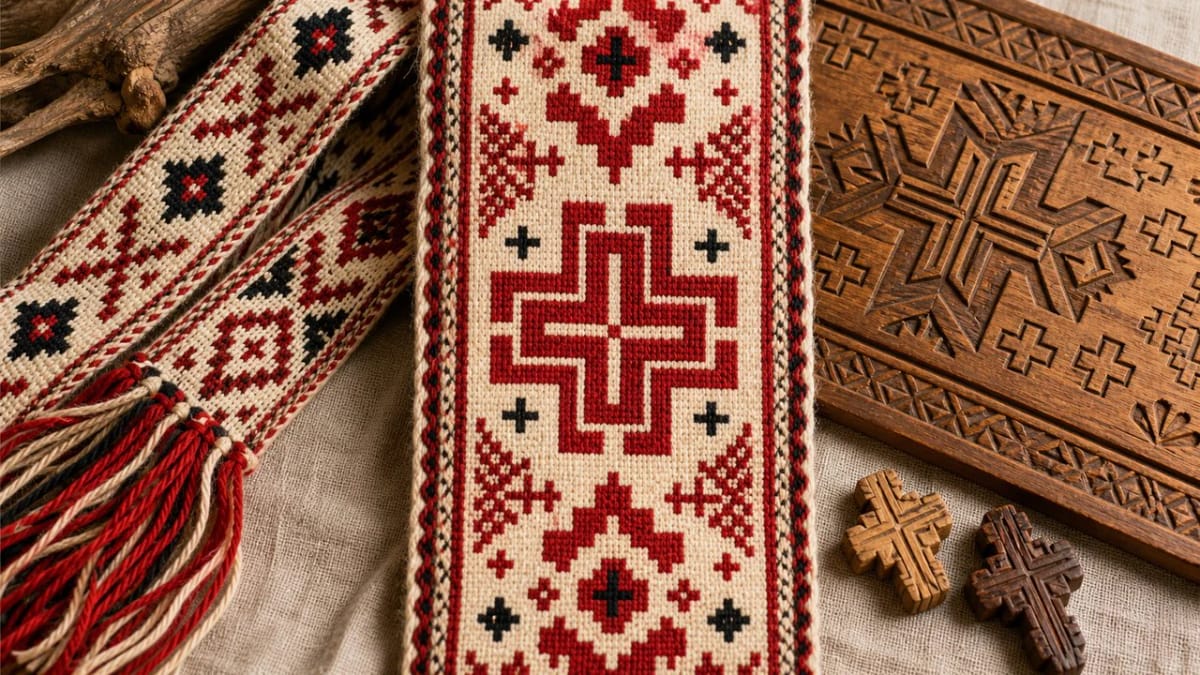 Equal-armed cross and crosslets in a Lithuanian sash and woodcarving ornament