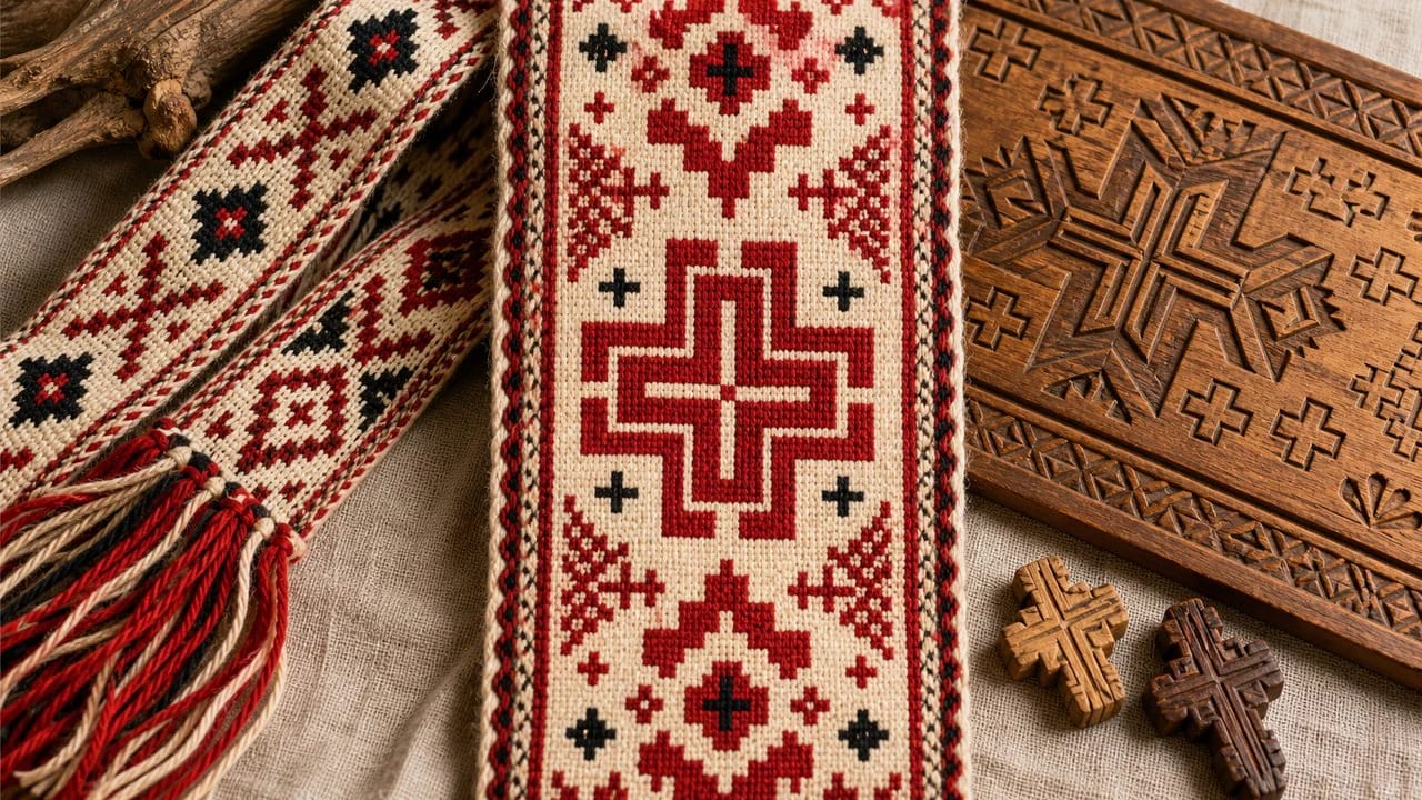 Equal-armed cross and crosslets in a Lithuanian sash and woodcarving ornament
