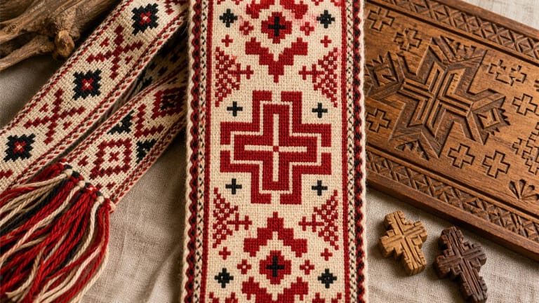 Equal-armed cross and crosslets in a Lithuanian sash and woodcarving ornament