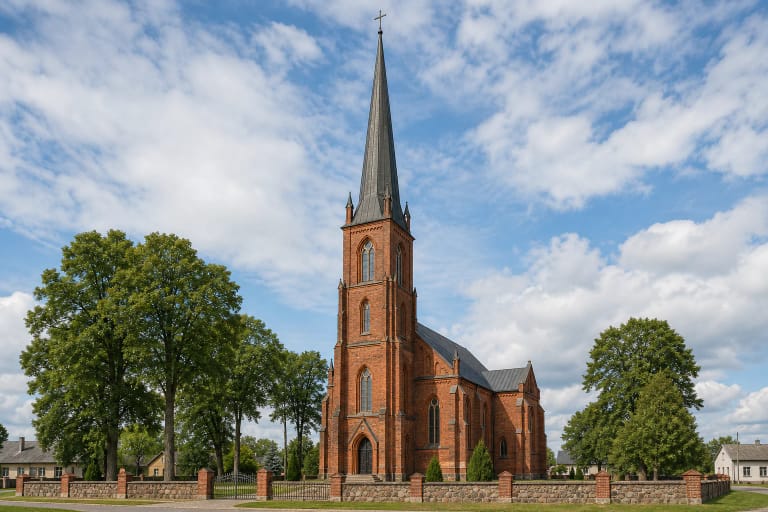 Raudonų plytų Lygumų Švč. Trejybės bažnyčia su labai aukšta neogotikine smaile