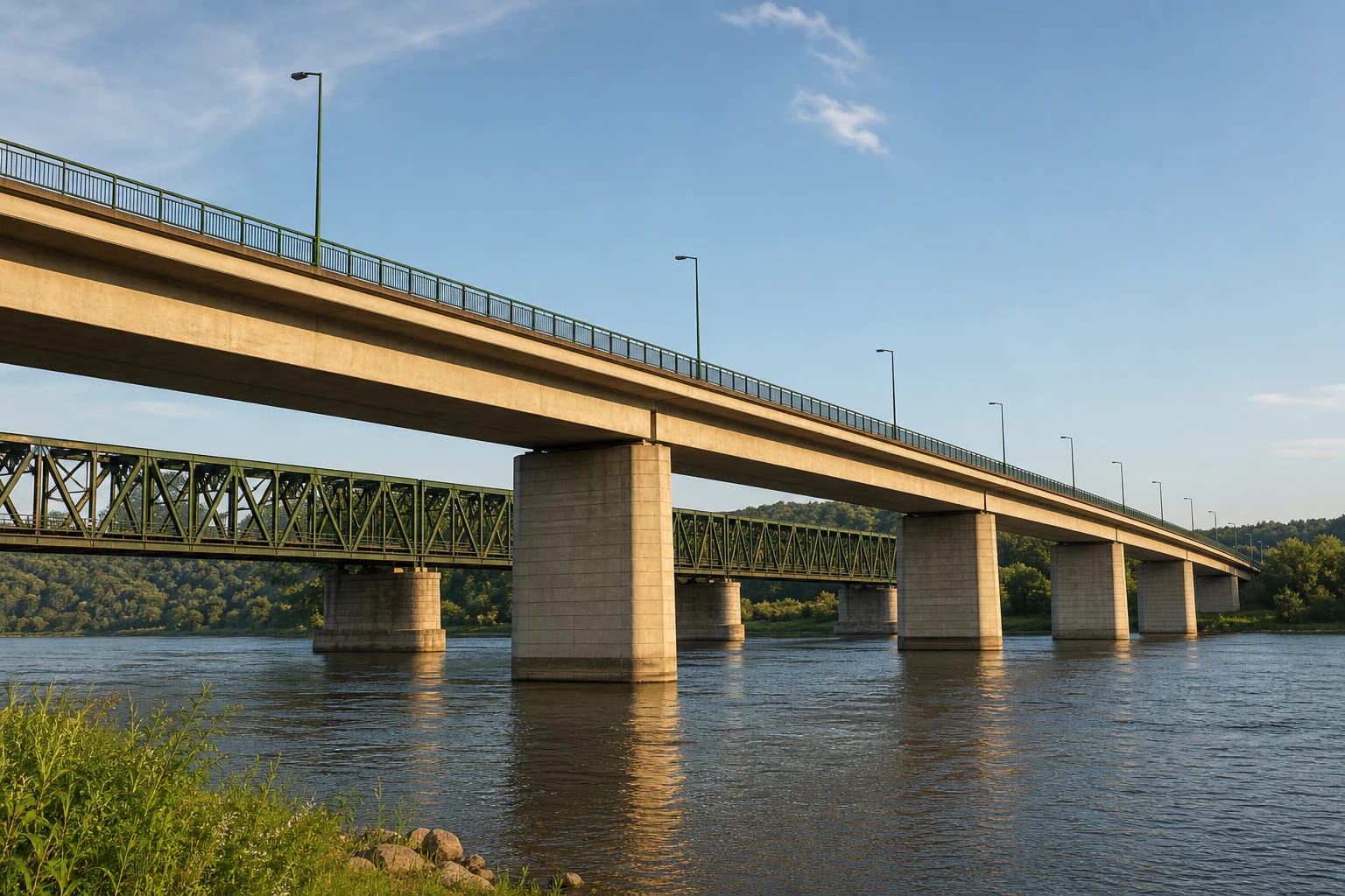 M. K. Čiurlionio Bridge over the Nemunas in Kaunas with green railings, a sidewalk, and the nearby railway bridge