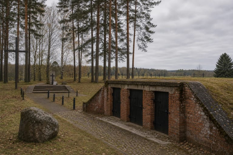Macikų lagerių komplekso karcerio pastatas, memorialiniai kryžiai ir kapinių laukas prie Šilutės