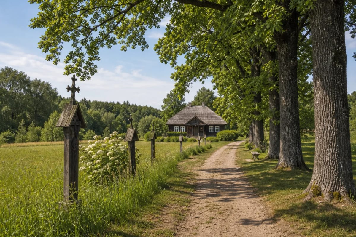 Maironio ąžuolų takas tarp Pasandravio ir Bernotų su koplytstulpiais