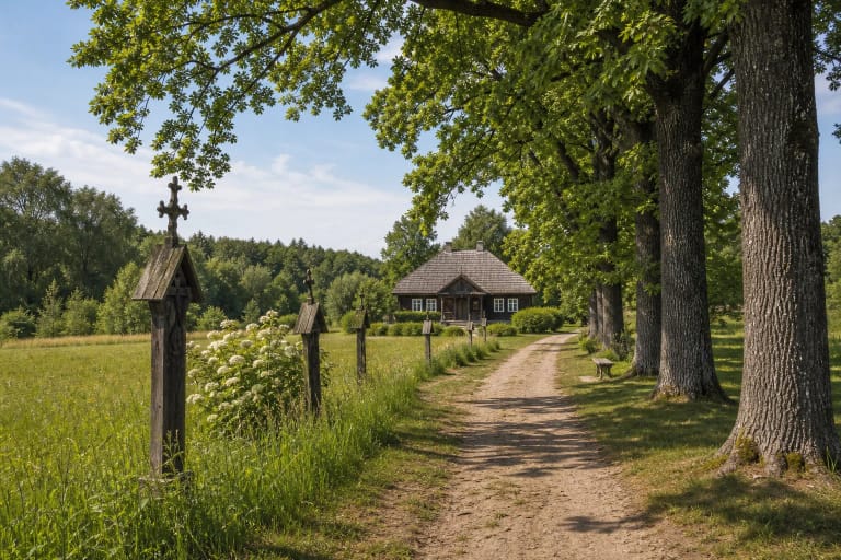 Maironis Oak Trail between Pasandravys and Bernotai with wayside shrines