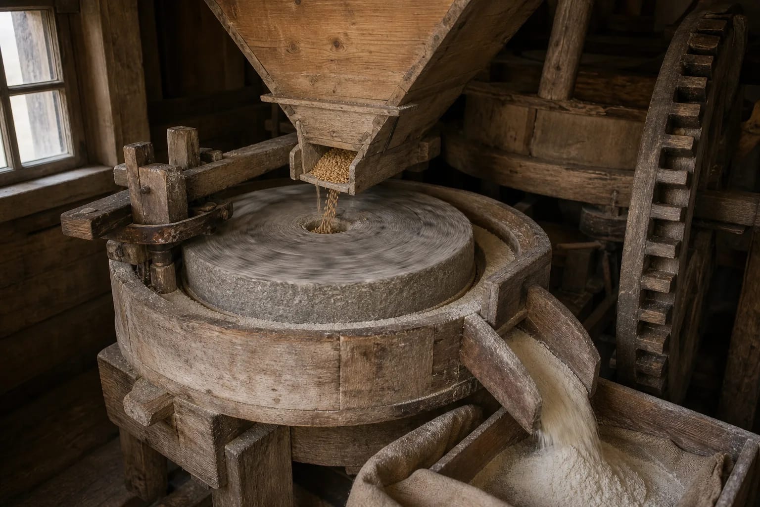 Grain enters the millstones and flour falls through the chute.