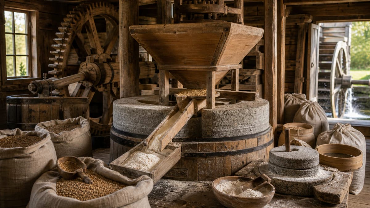 Old Lithuanian mill with large millstones, grain hopper, flour chute, wooden gears, hand querns, sacks of rye, and a water wheel