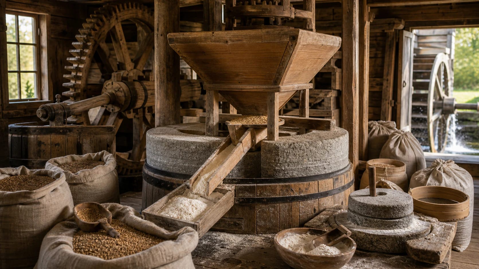 Old Lithuanian mill with large millstones, grain hopper, flour chute, wooden gears, hand querns, sacks of rye, and a water wheel