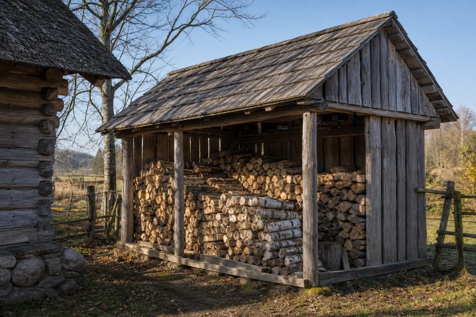The firewood shed kept fuel dry and close to the daily rhythm of the farmstead.
